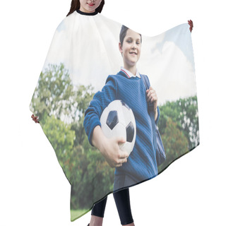 Personality  Bottom View Of Kid Holding Soccer Ball On Grass Field Hair Cutting Cape