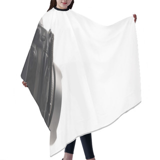 Personality  Black Professional Digital Camera Isolated On White, Panoramic Shot Hair Cutting Cape