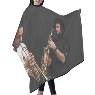 Personality  Duet Of Musicians Playing Trumpet And Saxophone On Black Hair Cutting Cape
