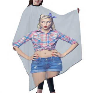 Personality   Young Surprised Woman, Dressed In Pin-up Style Hair Cutting Cape