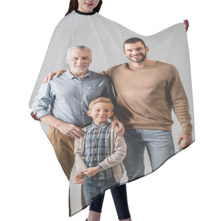 Personality  Happy Boy Looking At Camera Near Father And Granddad Isolated On Grey Hair Cutting Cape