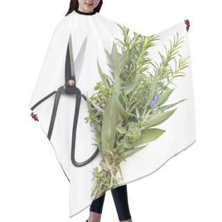 Personality  Bouquet Garni Fresh Herbs With Scissors Top View Isolated On Whi Hair Cutting Cape