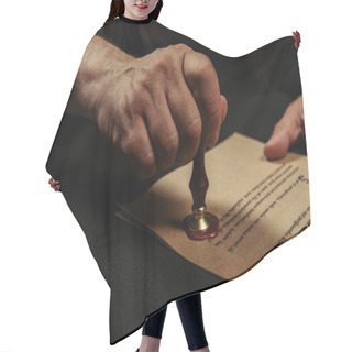 Personality  Cropped View Of Monk Stamping Chronicle With Wax Seal Isolated On Black Hair Cutting Cape