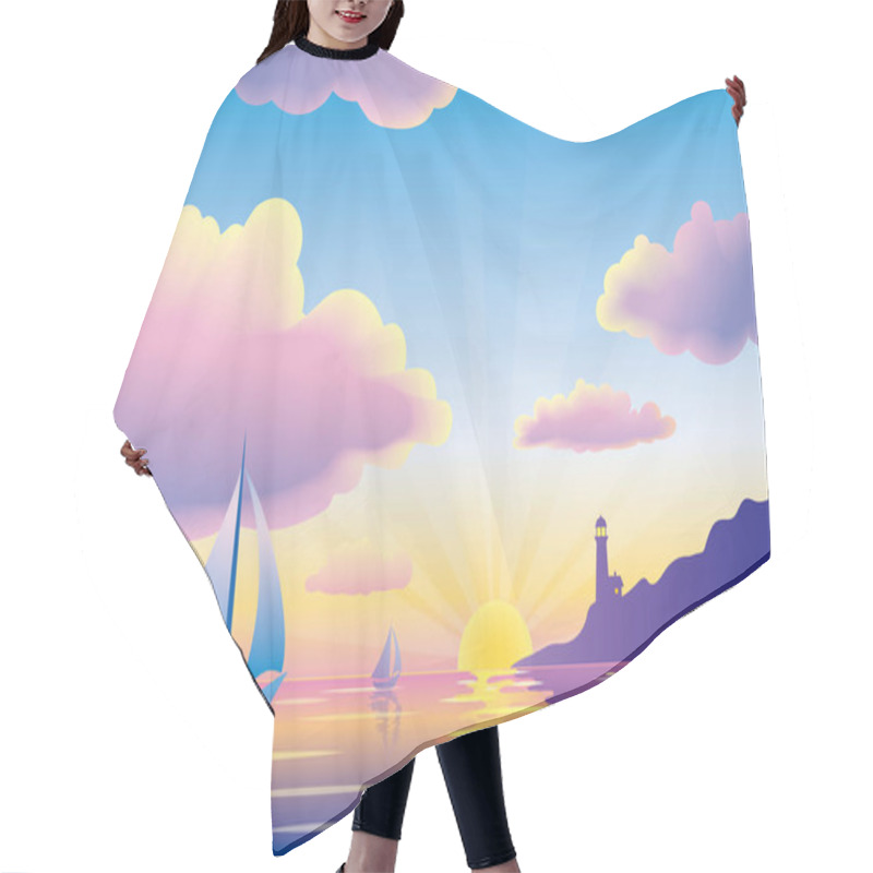 Personality  Vector Sunset Or Sunrise Seascape With Sailboat And Lighthouse Hair Cutting Cape