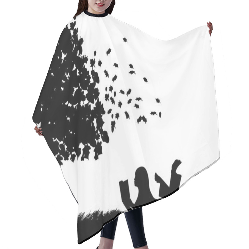 Personality  Silhouette Of Girl With Bike Reading A Book Under The Tree In Autumn Or Fall Hair Cutting Cape