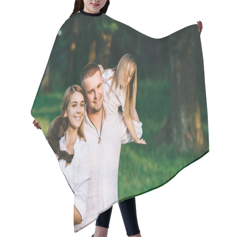 Personality  Portrait Of Happy Family With Daughter And Little Labrador Puppy In Forest Hair Cutting Cape