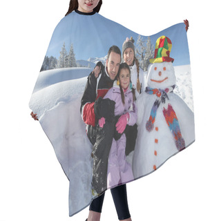 Personality  Couple Posing With Child Beside Snowman At Mountain Resort Hair Cutting Cape