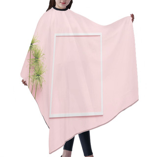 Personality  Flat Lay With White Frame And Green Plant On Pink, Minimalistic Concept  Hair Cutting Cape