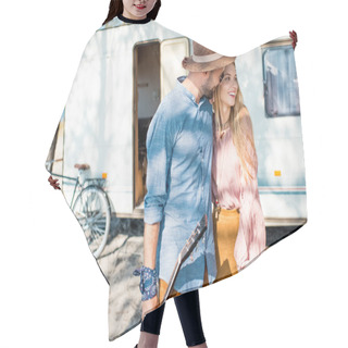 Personality  Beautiful Happy Couple Hugging And Walking Near Campervan Hair Cutting Cape