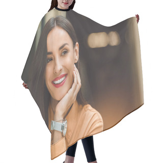 Personality  Selective Focus Of Dreamy Happy Woman Looking Away In Cafe Hair Cutting Cape