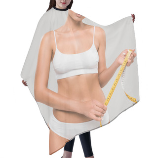 Personality  Partial View Of Beautiful Slim Woman In Underwear Holding Measuring Tape Isolated On Grey Hair Cutting Cape