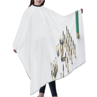 Personality  Same Caliber Bullets Near Shotgun Shell On White, Banner Hair Cutting Cape