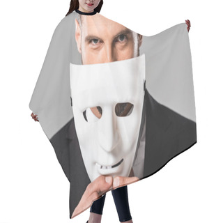 Personality  Cunning Businessman In Black Suit Taking Off White Mask Isolated On Grey Hair Cutting Cape