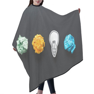 Personality  Top View Of Colorful Crumpled Paper Balls And Light Bulb Drawing On Black Background, Ideas Concept Hair Cutting Cape