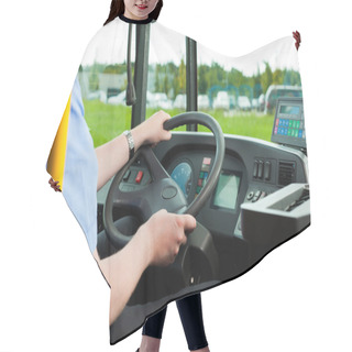 Personality  Driver Sitting In His Bus Hair Cutting Cape
