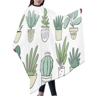 Personality  Big Set Green Plants In Home Pots. Vector Illustration In Cartoon Style. Hair Cutting Cape