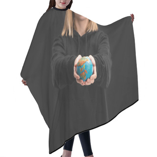 Personality  Partial View Of Woman With Outstretched Hands Holding Plasticine Globe Isolated On Black, Global Warming Concept Hair Cutting Cape