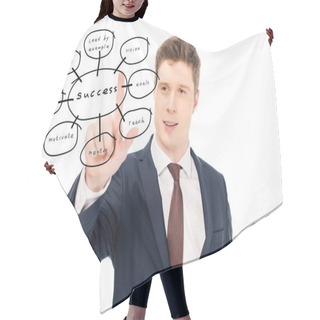 Personality  Confident Businessman In Suit Pointing With Finger At Chart With Success Tips On White Background Hair Cutting Cape