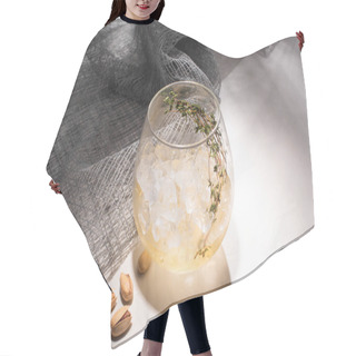 Personality  Transparent Glass With Herb, Ice Cube And Whiskey On White Table With Shadow Near Cloth And Pistachios Hair Cutting Cape