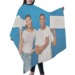 Personality  Excited Interracial Couple Pointing At Blank Placards On Blue Backdrop, Thought And Speech Bubbles Hair Cutting Cape