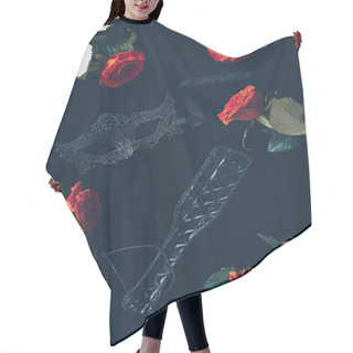 Personality  Top View Of Lace Mask, Leather Spanking Paddle And Beautiful Red Roses On Black Hair Cutting Cape