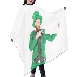 Personality  Leprechaun In Green Suit Pointing At Blank Placard, Isolated On White Hair Cutting Cape