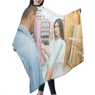 Personality  Young Couple Choosing Wallpapers Color In Hardware Store. Male And Female Customers Look At The Goods In Diy Shop Hair Cutting Cape