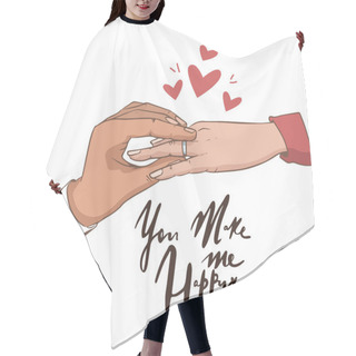 Personality  Will You Marry Me. Marriage Proposal Vector Illustration With Wedding Ring And Male And Female Hands. Hearts Hair Cutting Cape