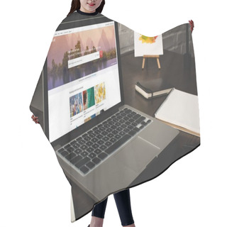 Personality  Close-up View Of Designer Workplace With Notebooks And Laptop With Shutterstock Website On Screen Hair Cutting Cape