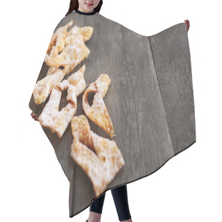 Personality  Fat Thursday. Traditional Shortbread Sweets With Powdered Sugar. Hair Cutting Cape