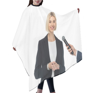 Personality  Journalist With Microphone Interviewing Successful Businesswoman Isolated On White Hair Cutting Cape