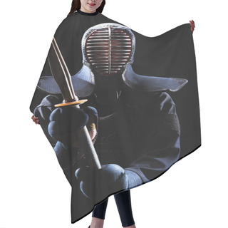 Personality  Kendo Fighter In Helmet Holding Bamboo Sword On Black Hair Cutting Cape