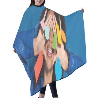 Personality  Smiling African American Woman Covering Eyes With Empty Labels On Hands On Blue Background, Panoramic Shot Hair Cutting Cape