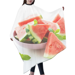 Personality  Triangular Slices Of Fresh Watermelon On White Wooden Background Hair Cutting Cape