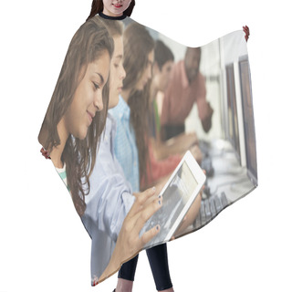 Personality  Girl Using Digital Tablet In Computer Class Hair Cutting Cape