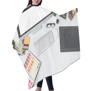 Personality  Creative Professional Designer's Desk From Above Hair Cutting Cape