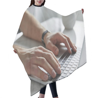 Personality  Cropped View Of Man Using Laptop With Black Keypad On White Marble Table Hair Cutting Cape