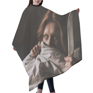 Personality  Demonic Obsessed Evil Girl Holding Knife In Bed Hair Cutting Cape