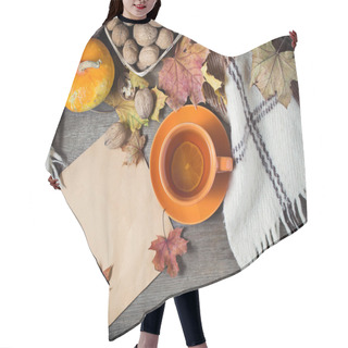 Personality  Autumn Still Life With Cup Of Tea, Plaid And Leaves Hair Cutting Cape