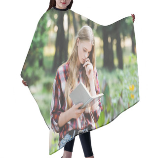 Personality  Focused Young Girl In Casual Clothes Reading Book Hair Cutting Cape
