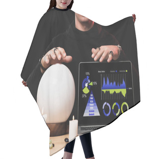 Personality  Cropped View Of Esoteric Near Laptop With Charts And Graphs On Screen Isolated On Black Hair Cutting Cape