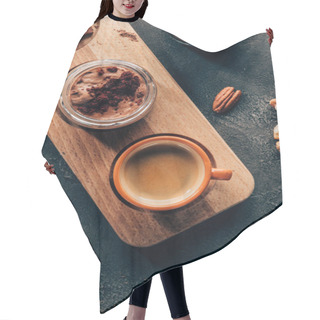 Personality  Top View Of Sweet Delicious Chocolate Dessert And Cup Of Coffee On Wooden Board  Hair Cutting Cape