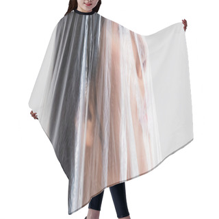 Personality  Panoramic Crop Of Young Brunette Woman Looking Through Polyethylene Isolated On Grey, Ecology Concept Hair Cutting Cape