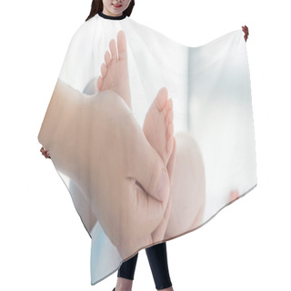 Personality  Panoramic Shot Of Mother Holding Legs Of Her Child  Hair Cutting Cape