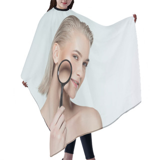 Personality  Attractive Girl With Pure Face Holding Magnifying Glass, Skin Care Concept, Isolated On Grey Hair Cutting Cape