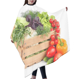Personality  Fresh Ripe Vegetables In A Wooden Box On A White Background With A Place For The Text. Hair Cutting Cape