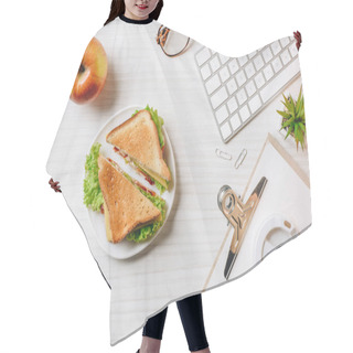 Personality  Top View Of Workplace With Sandwich, Paper Coffee Cup, Apple And Symbol Of Smile At Table In Office  Hair Cutting Cape