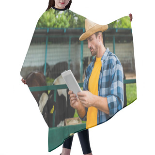 Personality  Farmer In Plaid Shirt And Straw Hat Using Digital Tablet On Farm Near Cowshed Hair Cutting Cape