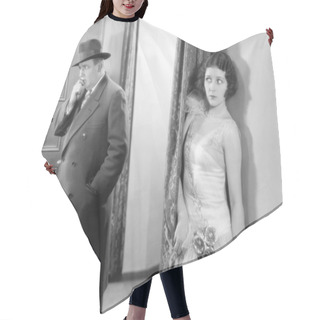 Personality  Woman Hiding Behind The Curtain From A Man Hair Cutting Cape