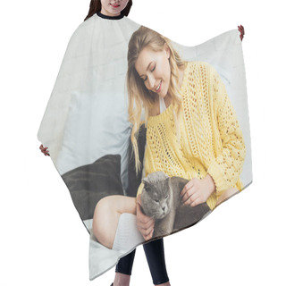 Personality  Beautiful Smiling Girl In Knitted Sweater Stroking Scottish Fold Cat While Lying In Bed At Home Hair Cutting Cape